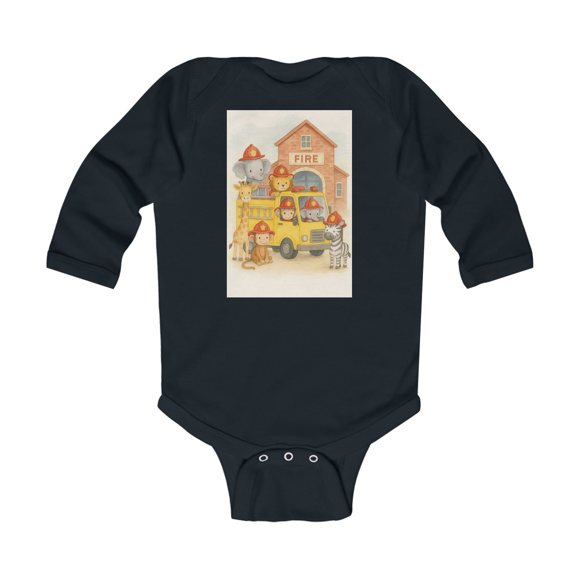 Infant Bodysuit - Yellow Firetruck Baby Animals Design